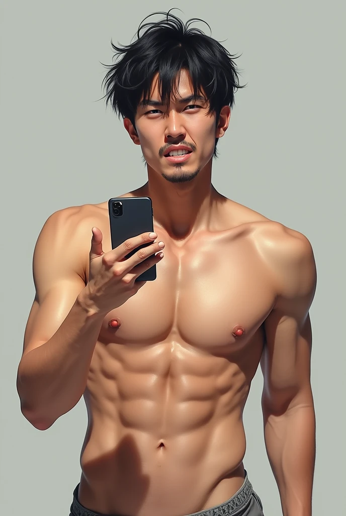 1boy、Photo Quality、Handsome Men、Mash Hair、Japanese male, 、Slim body、Completely naked、Full nudity、erection、Huge penis、Highest quality、Realistic、beautiful、Angry look、Smash the smartphone