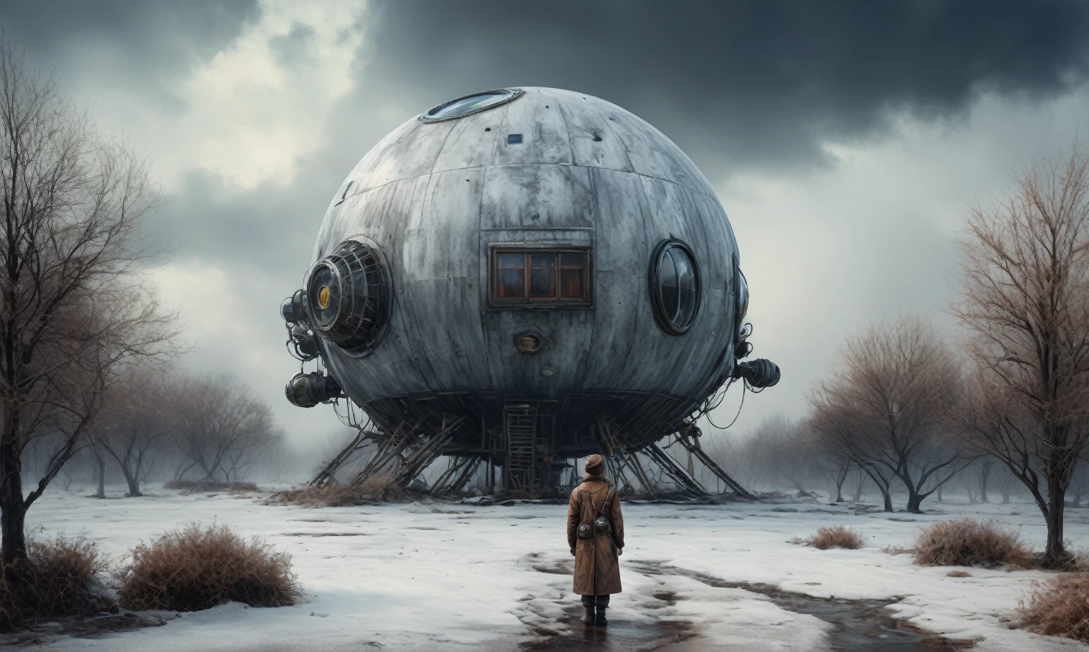 insane pilot from USSR , camouflage Rusty, after a psychiatric clinic,winter,intricate landscape,slate grey atmosphere,film grain,faded,eyes extremely detailed,another world,view from height,once pretty face,eyebrow up,full body shot,ominous landscape, Simon Stalenhag,Nicola Samori,full body shot,beggar paladium The Alien Entity,Technicolor,natural skin textures, hyper realism, hyper detailed,Extremely detailed,High contrast,Masterpiece,Realistic,Ultra Detailed, intricate details,realistic humid leather,extremly intricate,Epic Realistic, cinematic style,irina yermolova,high contrast,hdr,extremely detailed, deep night landscape,masterpiece,intricate details,faded,eyes extremely detailed, high detailed eyes,8k resolution,RAW,retina, Nikon Z9,China,tkt style, transition between two art styles, Ink painting to photorealism, Double contact, X-ray, Creative, vivid light, masterpiece, fantasy, Abstract Surrealism, super detailed, high resolution, stop:35;Her skin is pale, almost translucent,ancient rock,a hot air soars through the layers of clouds, revealing a colossal and enigmatic cityscape nestled within. The buildings in this ethereal city are adorned with intricate details and exude an aura of mystery. lend an enchanting touch to the scene. steampunk. The intricate mechanics create a sense of wonder and fascination, as if stepping into a dreamlike realism, Glass geometric shapes with a bunch of trees on it, overgrown planet, Fractal World, A lush world of fantasy, fantasy planet, Dyson geometric shapes, planetary landscape, Jofra Bosschart,psychedelic Mysterious World