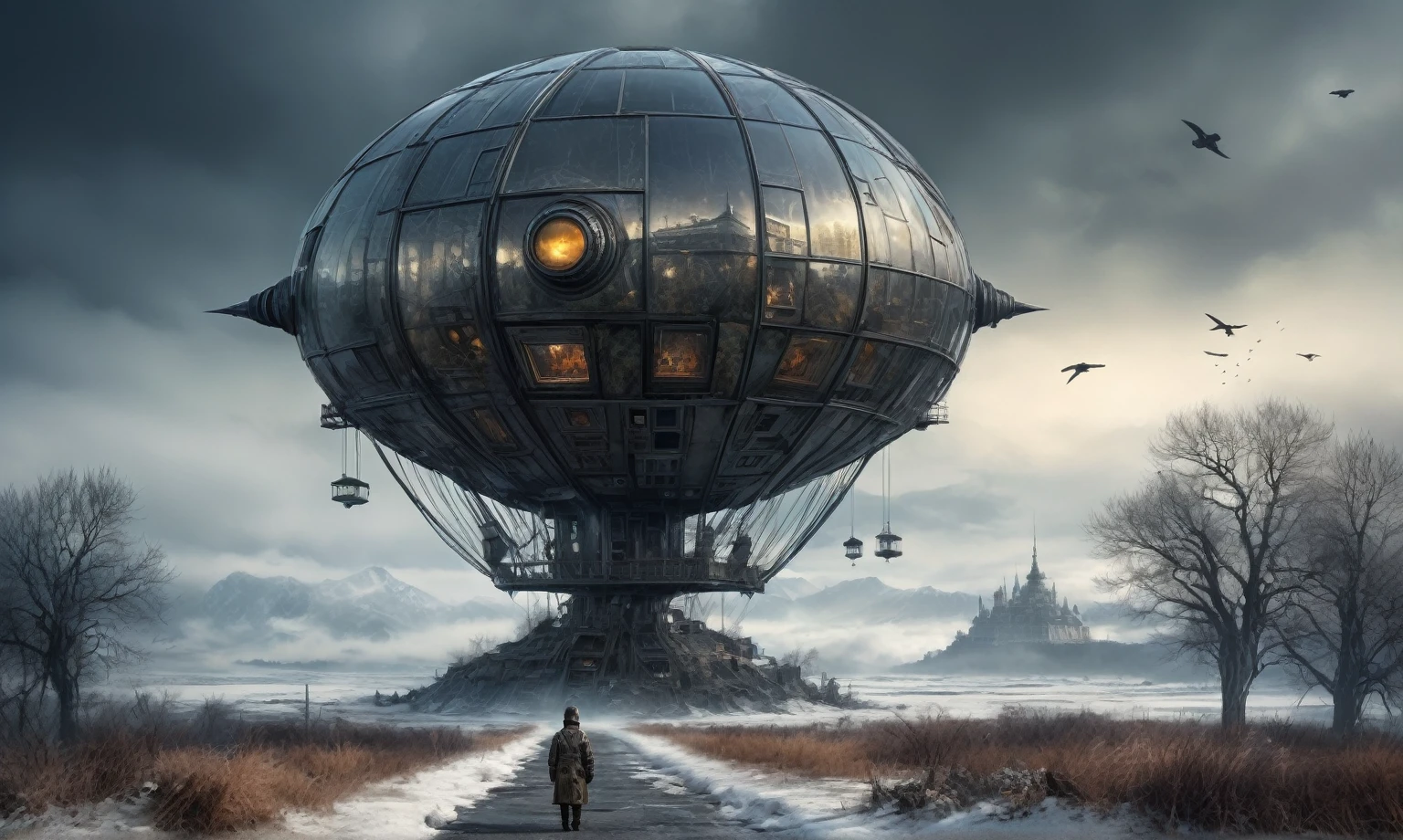 insane pilot from USSR , camouflage Rusty, after a psychiatric clinic,winter,intricate landscape,slate grey atmosphere,film grain,faded,eyes extremely detailed,another world,view from height,once pretty face,eyebrow up,full body shot,ominous landscape, Simon Stalenhag,Nicola Samori,full body shot,beggar paladium The Alien Entity,Technicolor,natural skin textures, hyper realism, hyper detailed,Extremely detailed,High contrast,Masterpiece,Realistic,Ultra Detailed, intricate details,realistic humid leather,extremly intricate,Epic Realistic, cinematic style,irina yermolova,high contrast,hdr,extremely detailed, deep night landscape,masterpiece,intricate details,faded,eyes extremely detailed, high detailed eyes,8k resolution,RAW,retina, Nikon Z9,China,tkt style, transition between two art styles, Ink painting to photorealism, Double contact, X-ray, Creative, vivid light, masterpiece, fantasy, Abstract Surrealism, super detailed, high resolution, stop:35;Her skin is pale, almost translucent,ancient rock,a hot air soars through the layers of clouds, revealing a colossal and enigmatic cityscape nestled within. The buildings in this ethereal city are adorned with intricate details and exude an aura of mystery. lend an enchanting touch to the scene. steampunk. The intricate mechanics create a sense of wonder and fascination, as if stepping into a dreamlike realism, Glass geometric shapes with a bunch of trees on it, overgrown planet, Fractal World, A lush world of fantasy, fantasy planet, Dyson geometric shapes, planetary landscape, Jofra Bosschart,psychedelic Mysterious World