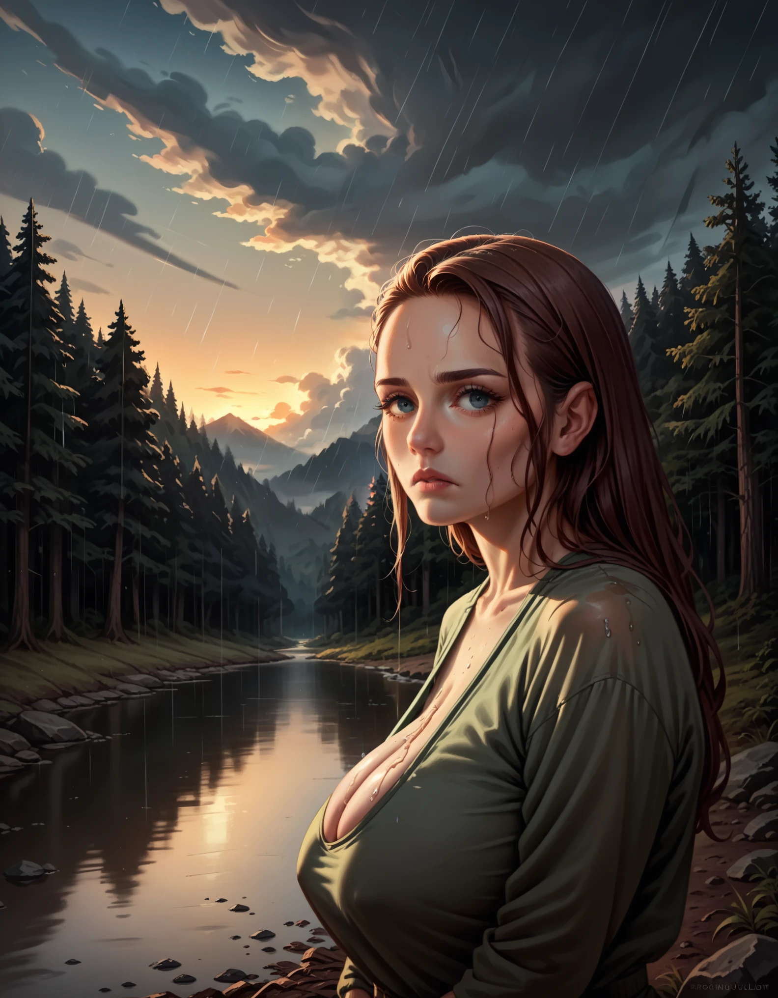 (1 girl) (masterpiece, best quality) ((the cutest camp councilor is sad she wont see you until next year)) , ,  , (stormy dark sky, sunset, raining) (beautiful forest background)
((Melancholy emotions:1.4)), ((realistic oil painting)) art by norman Rockwell, ((not sexualized huge breasts))