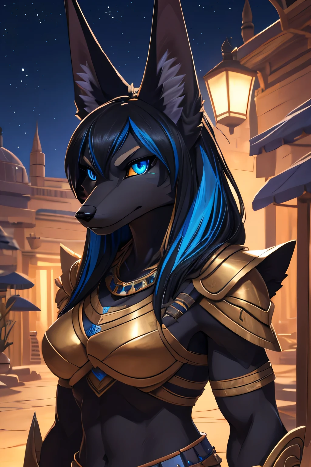 a furry drawing of a jackal woman near an oasis, ((background at night 1.2)), blue eyes, close up picture, wearing golden jackal armor with blue highlights, jackal warrior, attractive jackal girl, female anubis, ((Black Fur 1.5)), ((black hair with blue highlights 1.2)), ((Perfect eyes 1.5)), black muzzle, solo picture, alone, anthropomorphic jackal ninja, furry fantasy art, anthromorphic jackal, jackal girl, female anthropomorphic wolf, anthropomorphic female jackal