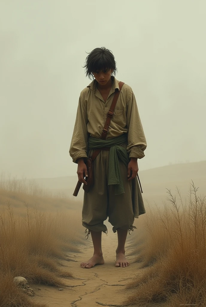 A young peasant who left his parents&#39; home to explore the world is sad and alone, hungry and thirsty.