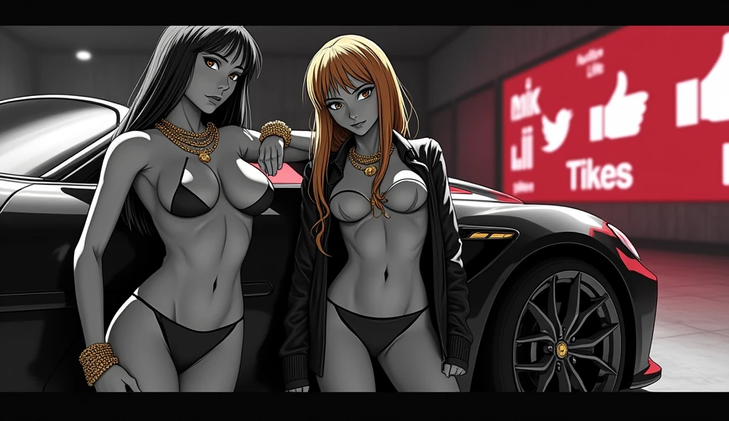 Create a dramatic distorted image in black and white anime format with a colored highlight spot, a puppet man being controlled leaning against his luxury car, wearing a gold and shiny watch and necklace with a woman in short sensual clothes by his side. Ao fundo, blurred social media likes and logos. The two people are actually puppets being controlled.