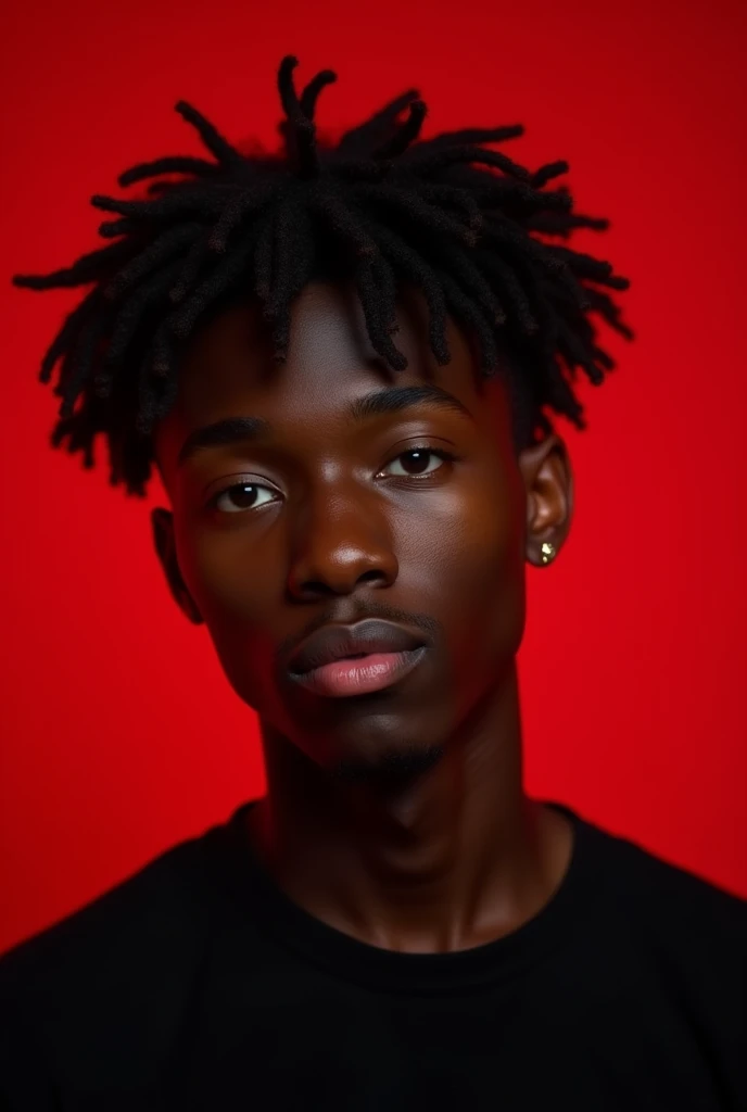 Make a man with 1 without a beard, curly hair and very short, dark curly hair color, dark skin color known as coffee with milk with a black shirt with the position facing the camera with a red background in the dark
