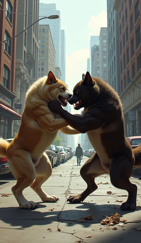 Two big dogs are biting and biting each other in the city.