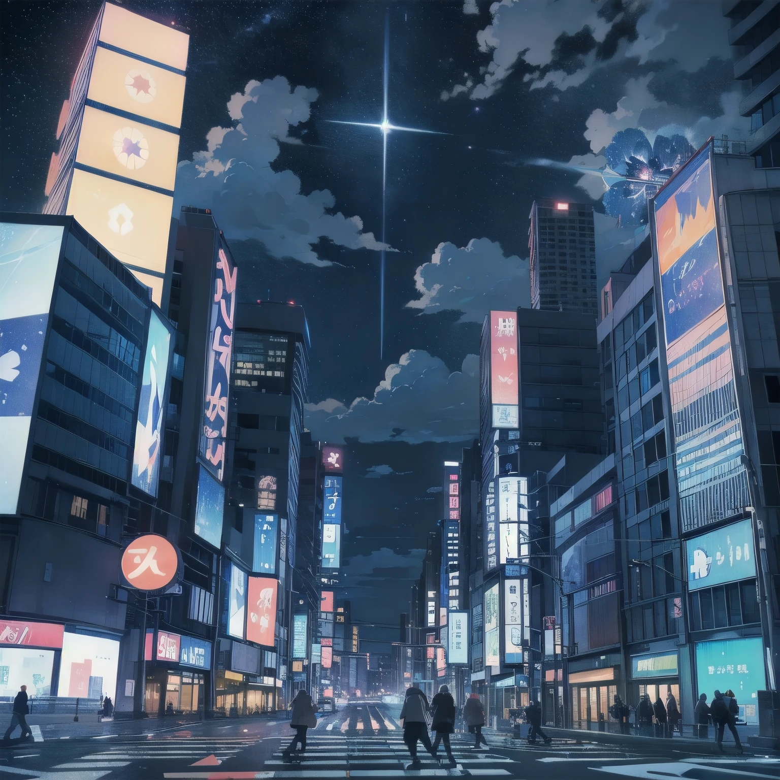 TOKYO、(((Buildings)))、(((Big North Star in the sky)))、Colorful night view、(((blue flower)))、(((cloud)))、Close-up of the North Star、Highly detailed background、(((pedestrian crossing)))、neon、a lot of billboard
