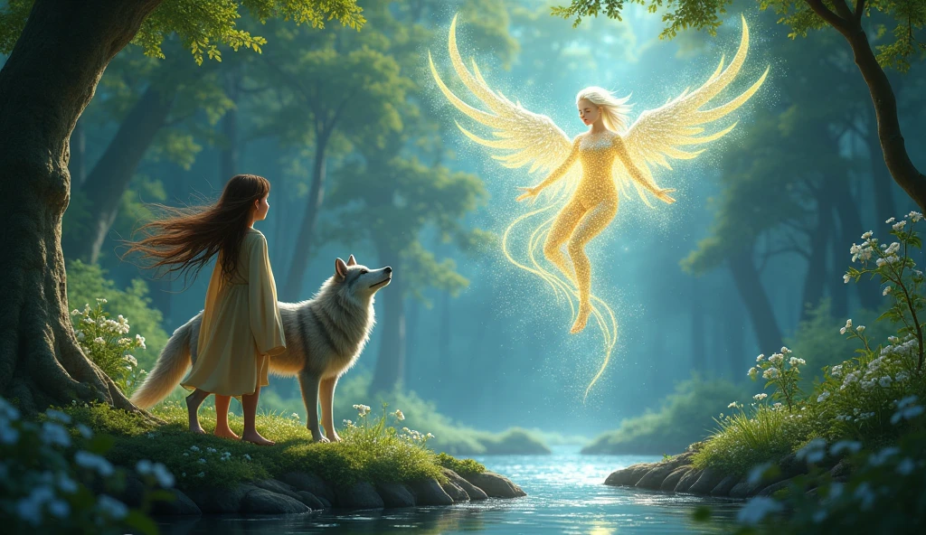 A shimmering spirit, made of light and elements of nature, floats above a stream, as Lia and Fenrir watch in awe and fascination. Lia is a girl with long brown hair and Fenrir is a gray wolf.