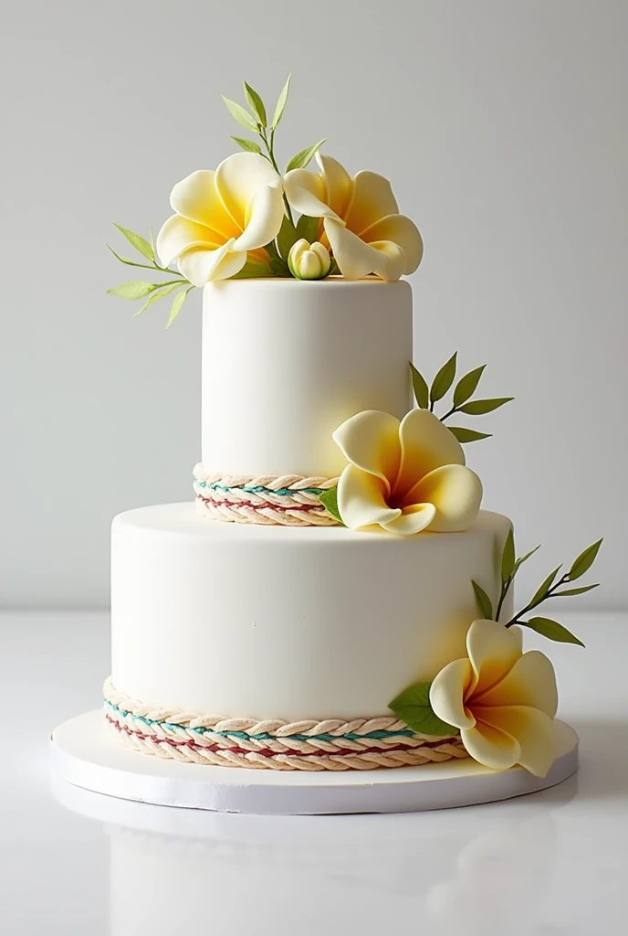 Imagine a two-tier cake, completely white, with a smooth and elegant finish. At the top and at the base of each floor, There are braids that imitate the typical ornaments of Nicaraguan folklore dresses., with bright colors like red, blue, green and yellow. These braids are delicate and finely detailed., adding a cultural and festive touch.
On top of the cake and maybe at some strategic points on the sides, sacuanjoche flowers are placed (the national flower of Nicaragua), with its soft yellow petals, which contrasts beautifully with the white background of the cake. The flowers could be fresh or made from fondant., but they are placed in a way that they look natural and elegant.
I hope this description is useful for you to visualize the cake or to share it with a pastry chef..