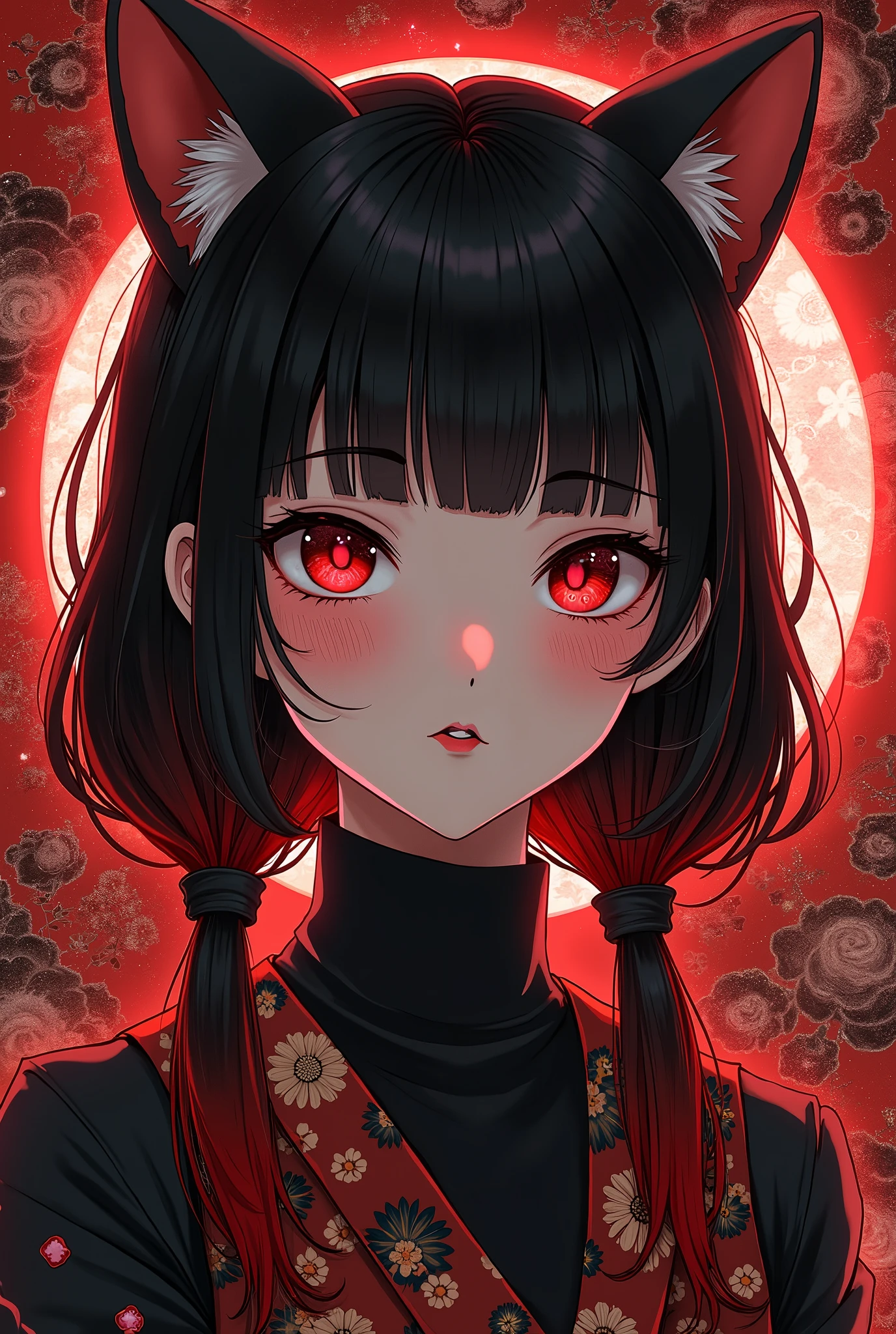  Japanese girl with more or less long black hair with bangs and red highlights, e sexy, Lady,Red hair,dress,beautiful,anime,tattoo, face portrait, close up, big beautiful detailed eyes, ulzzang, art nouveau, candy, sweets, tattoo background pattern, tapestry, backlit, neon palette, geisha, 3 dimensional against a traditional japanese tapestry, ,((long hair slightly wavy slightly past the shoulders, black bangs, small black pigtails on the sides, cute cat ears, beautiful thin red eyes,)),Gafe,Muslos carnosos，Estilo de publicidad del cartel.，Ultracortos，Simetall，C cup，happy expression, jinxlol. (Masterpiece, Best quality, Ultra-detailed, Best shadow), (Detailed background,Dark fantasy), (Beautiful detailed face), High contrast, (Best illumination, An extremely delicate and beautiful), ((Cinematic light)), Colorful, Hyper-detailing, Dramaticlight, Intricate details, (1 girl, Solo,Black hair, sharpy face,Low Twin Tails,Red eyes, hair between eye,Dynamic Angle), blood spatter, swirling black light around character, Depth of field,Black light particles,(Broken glass),Magical Circle, 1girl, solo, monochrome, greyscale, bob cut, short hair, portrait, turtleneck, closed mouth, bangs, looking at viewer, blunt bangs, sketch, graphite \(medium\), lips, hatching \(texture\), red lips