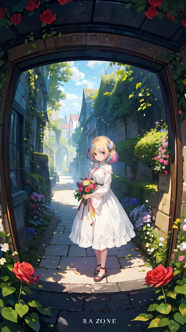 (masterpiece, Highest quality), (colorful:1.4), From above, alone, A girl standing in the hidden garden maze, Winding roads and blooming roses, With a bag of magic keys and a golden compass, Depth of written boundary, Fisheye Lens