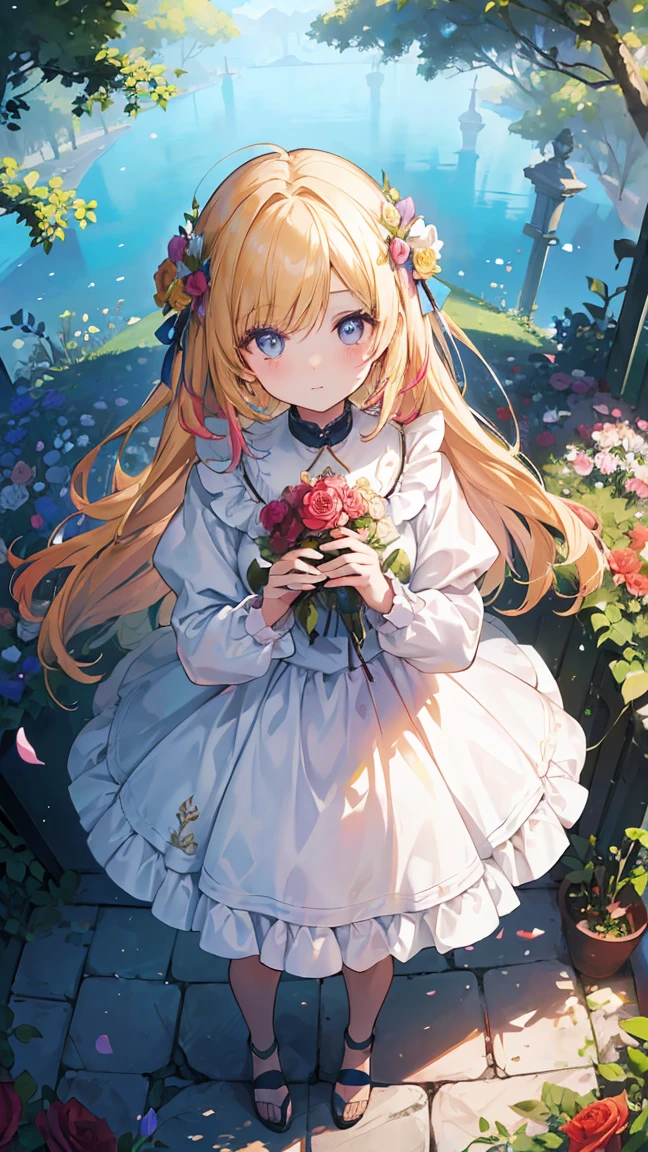 (masterpiece, Highest quality), (colorful:1.4), From above, alone, A girl standing in the hidden garden maze, Winding roads and blooming roses, With a bag of magic keys and a golden compass, Depth of written boundary, Fisheye Lens