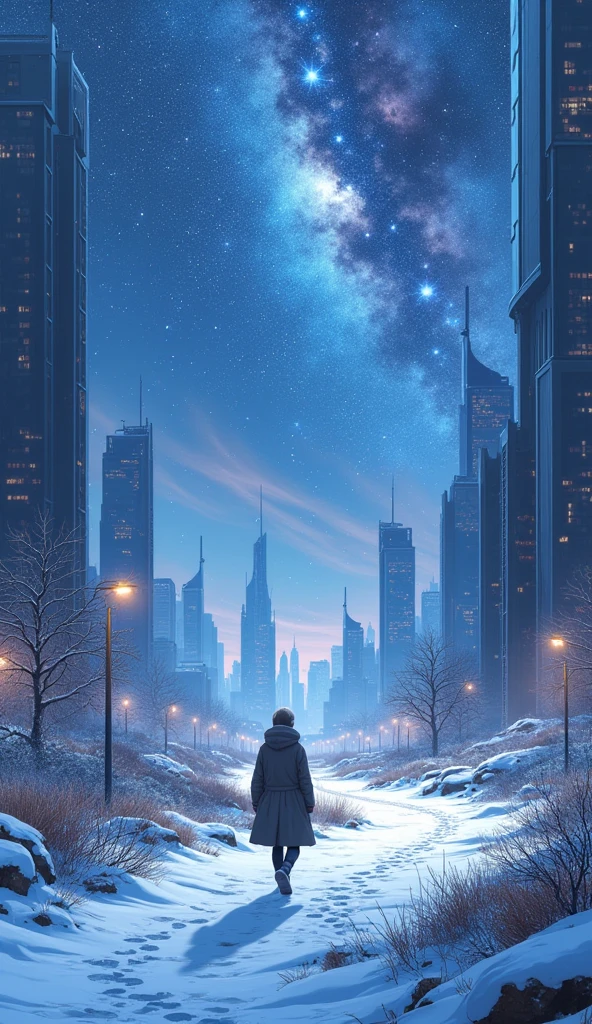 A city with towers, a person walking on a snowy path, the cosmic sky, (best quality,4k,8k,highres,masterpiece:1.2),ultra-detailed,(realistic,photorealistic,photo-realistic:1.37),detailed anime landscape, highly detailed anime scene, beautiful anime scenery, stunning 4k anime wallpaper, intricate 4k anime wallpaper, exquisite 4k anime wallpaper, delicate 4k anime wallpaper, hyper-detailed, perfect detail