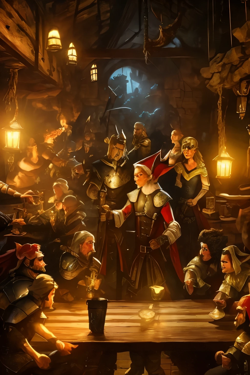 in a medieval tavern, a human girl, an elf man, an orc man, a dragon, and a halfling girl, bidding farewell,highly detailed, cinematic lighting, photorealistic, intricate details, warm color palette, dramatic shadows, moody atmosphere, fantasy art