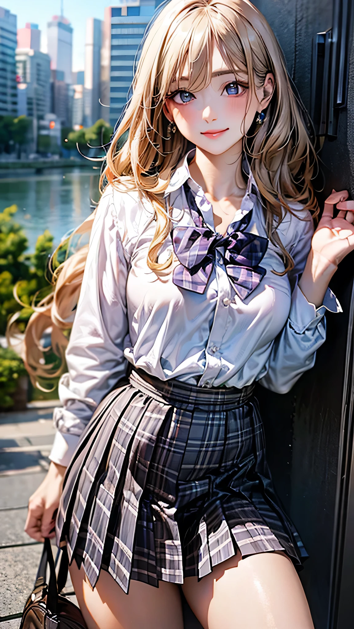 (masterpiece:1.2, Highest quality), (Realistic, photoRealistic:1.4), Beautiful illustrations, (Natural Side Lighting, Cinema Lighting), Browsing Caution,
View your viewers, Cowboy Shot, Front view:0.6, 1 person, Japanese, high school girl, Perfect Face, Cute and symmetrical face, Glowing Skin,
(Mid-length hair:1.6, Straight hair:1.2, Long Side Lock, Blonde), Parted bangs, blue eyes, Long eyelashes, (Large Breasts:1.1, Captivating thighs),
Beautiful Hair, Beautiful Face, Beautiful attention to detail, Beautiful clavicle, Beautiful body, Beautiful breasts, Beautiful thighs, Beautiful feet,
((Detailed cloth texture, White collared shirt with long sleeves, Light purple checkered pleated skirt, Light purple checked bow tie, socks)),
(Beautiful views), evening, River side, squat, (Cute smile, Upward glance),