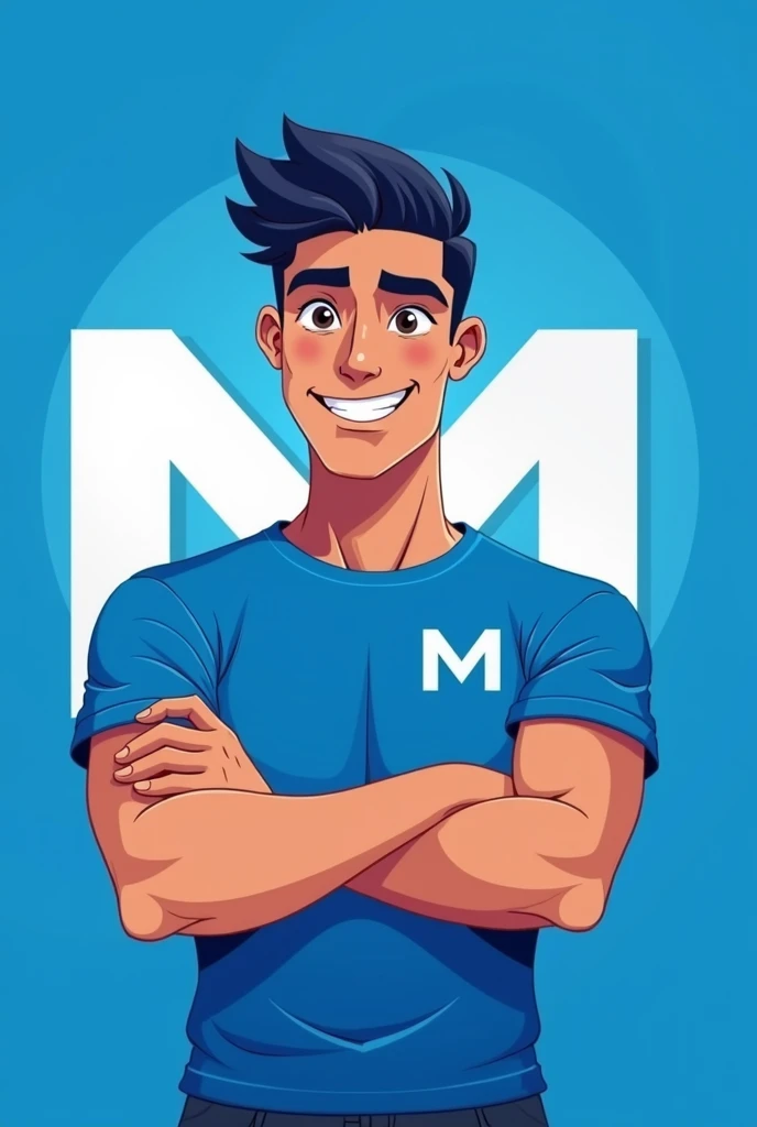 Create a mascot for WhatsApp profile pictures that symbolizes an I.In blue and white colors, Called do the M, that symbolizes a person, A candidate for mayor. The image must represent a young person, be a man with m behind the image, the shirt must be blue and the image behind the m must also be blue. Have M on the shirt at the back so it is more visible. Make the arms come together and make the M symbol.