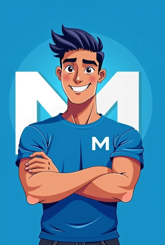 Create a mascot for WhatsApp profile pictures that symbolizes an I.In blue and white colors, Called do the M, that symbolizes a person, A candidate for mayor. The image must represent a young person, be a man with m behind the image, the shirt must be blue and the image behind the m must also be blue. Have M on the shirt at the back so it is more visible. Make the arms come together and make the M symbol.