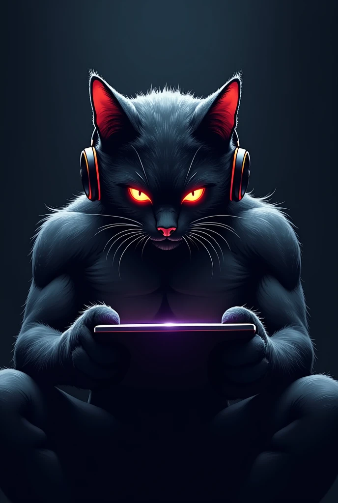 Can you create me a logo of a black heat GAMER cat that looks tough THAT HAS HEADPHONES AND IS PLAYING WITH HIS TABLET and below has the words ("MISHO TK")