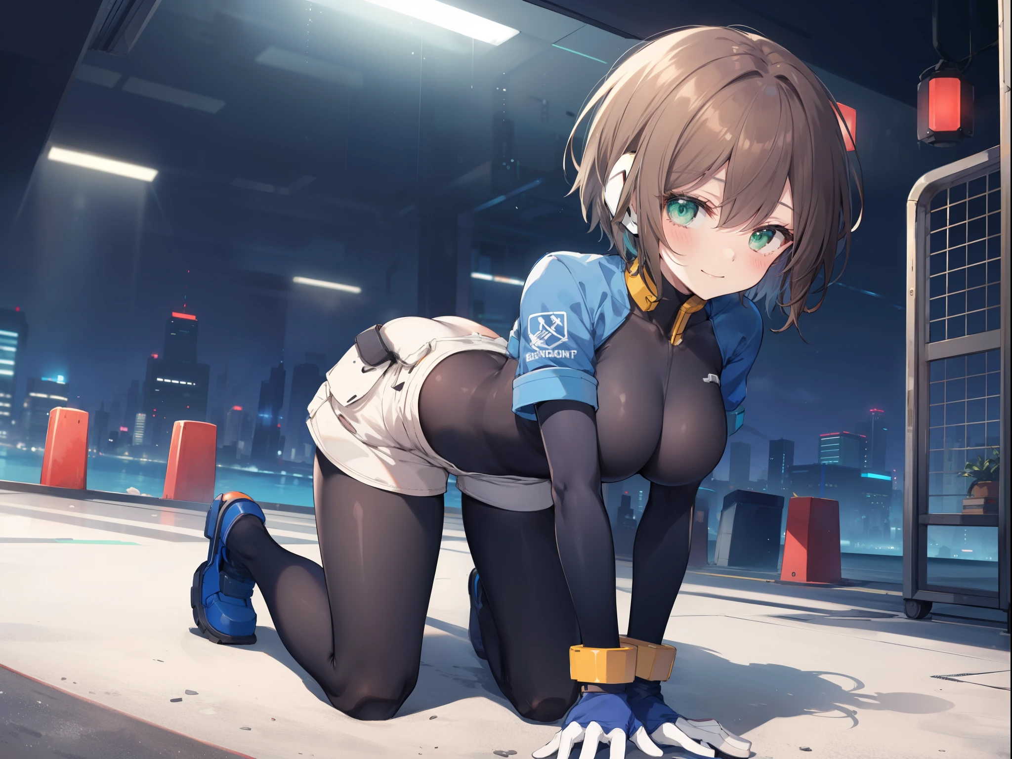aile_megamanzx, kneeling with hands on the ground and , 1girl, solo, short hair, brown hair, short sleeves, (bodysuit), robot ears, green eyes, short_shorts, short sleeves, short over long sleeves, smile, in futuristic city, , high quality, large_breasts,crotch, slouch,on_all_fours,
