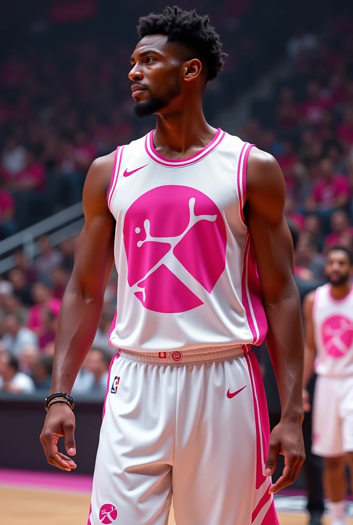 a white and pink basketball shirt
