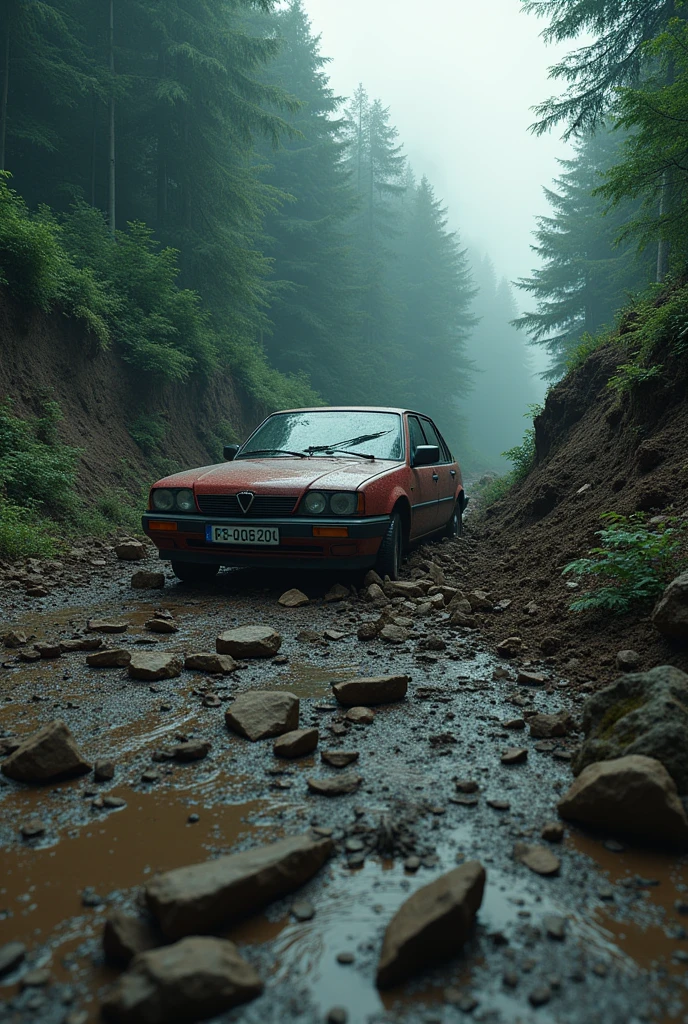 27 year old girl, Red hair, Chanel cut, next to a naked car, with the background in nature next to a very exotic waterfall in 8k