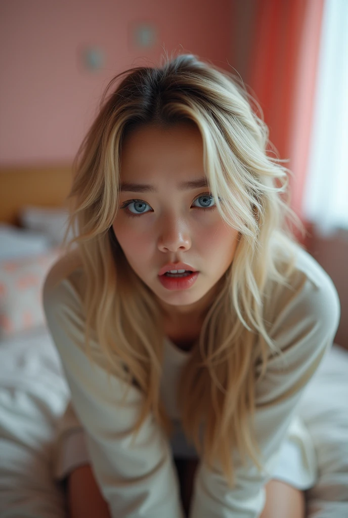 Japanese woman totally pissed off , Sexy girl with blue eyes, ultra realistic, meticulously detailed, Retrato Sophie Mudd, blonde hair and large eyes, selfie of a young woman, Olhos do quarto, violet myers, no-makeup, Make-up natural, looking directly at the camera, guy with artgram, subtle makeup, stunning full body photo kneeling on bed, in the bedroom, medium sized bust pink color room.
