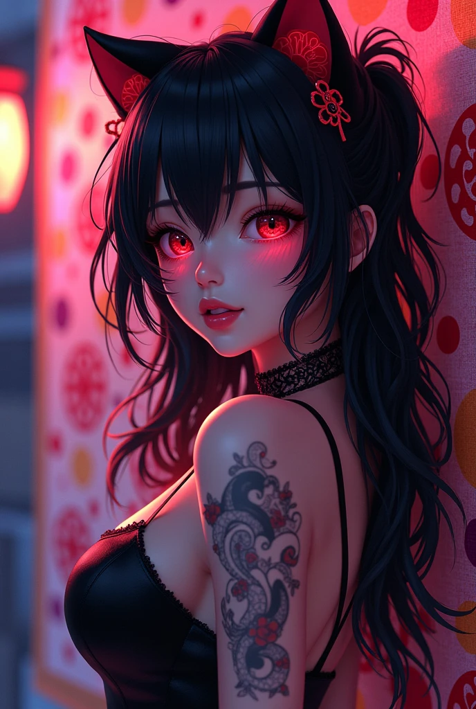 Japanese girl with more or less long black hair with bangs and red highlights, e sexy, Lady,Red hair,dress,beautiful,anime,tattoo, face portrait, close up, big beautiful detailed eyes, ulzzang, art nouveau, candy, sweets, tattoo background pattern, tapestry, backlit, neon palette, geisha, 3 dimensional against a traditional japanese tapestry, ,((long hair slightly wavy slightly past the shoulders, black bangs, small black pigtails on the sides, cute cat ears, beautiful thin red eyes,)),Gafe,Muslos carnosos,Estilo de publicidad del cartel.,Ultracortos,Simetall,C cup,happy expression, jinxlol. (Masterpiece, Best quality, Ultra-detailed, Best shadow), (Detailed background,Dark fantasy), (Beautiful detailed face), High contrast, (Best illumination, An extremely delicate and beautiful), ((Cinematic light)), Colorful, Hyper-detailing, Dramaticlight, Intricate details, (1 girl, Solo,Black hair, sharpy face,Low Twin Tails,Red eyes, hair between eye,Dynamic Angle), blood spatter, swirling black light around character, Depth of field,Black light particles,(Broken glass),Magical Circle, 1girl, solo, monochrome, greyscale, bob cut, short hair, portrait, turtleneck, closed mouth, bangs, looking at viewer, blunt bangs, sketch, graphite \(medium\), lips, hatching \(texture\), red lips