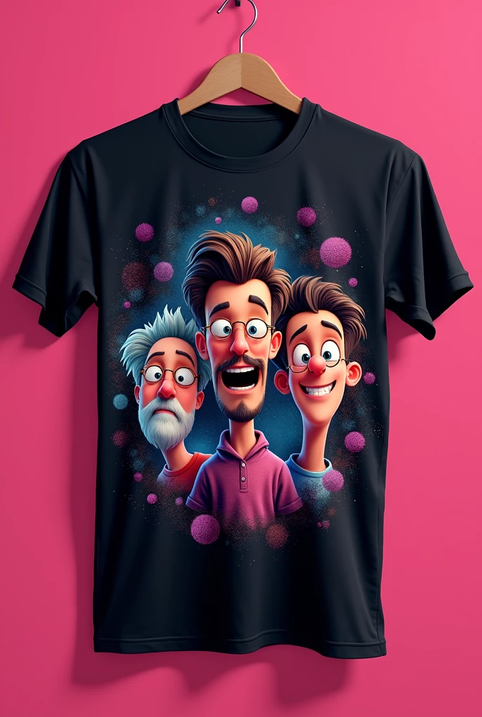 Black sports shirt with pink and faces of 3 animated physicists