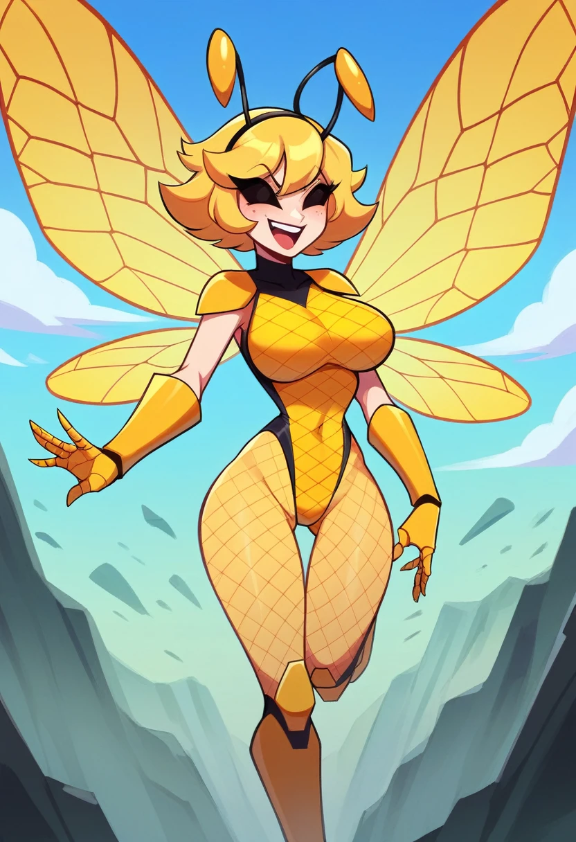 Masterpiece++++++, Single woman, Human, Alone, Fusion satin and insanely shiny wasp yellow exoskeleton bio insect leotard, Yellow and black striped boots, Wasp transparent wings, Wasp antennae, Honeycomb print, Yellow and black striped fur, Evil smile, Laughing cruelly, Open mouth, Black striped yellow hair, Large breasts, Dark heroine, Villain, Dynamic pose, Battlefield background, (Clear details of the scenery)++,