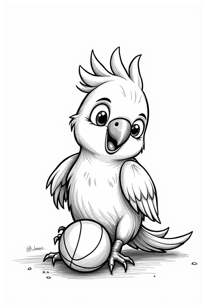 Happy parrot playing with a ball, coloring page for kids, cartoon style, clean line arthigh detalled, no background, no colour, empty background, white, black,coloring book, sketchbook, realistic sketch, freelines, on paper, character sheet, 8k blackborder.