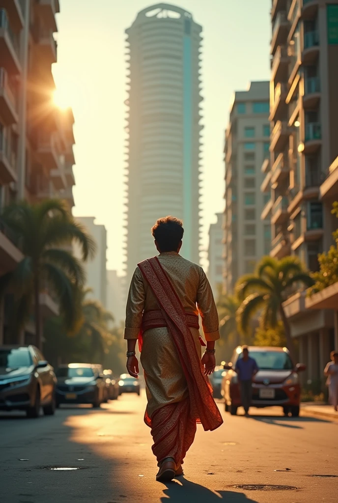 Bala Krishna walking towards high rise appartment with insta story size format