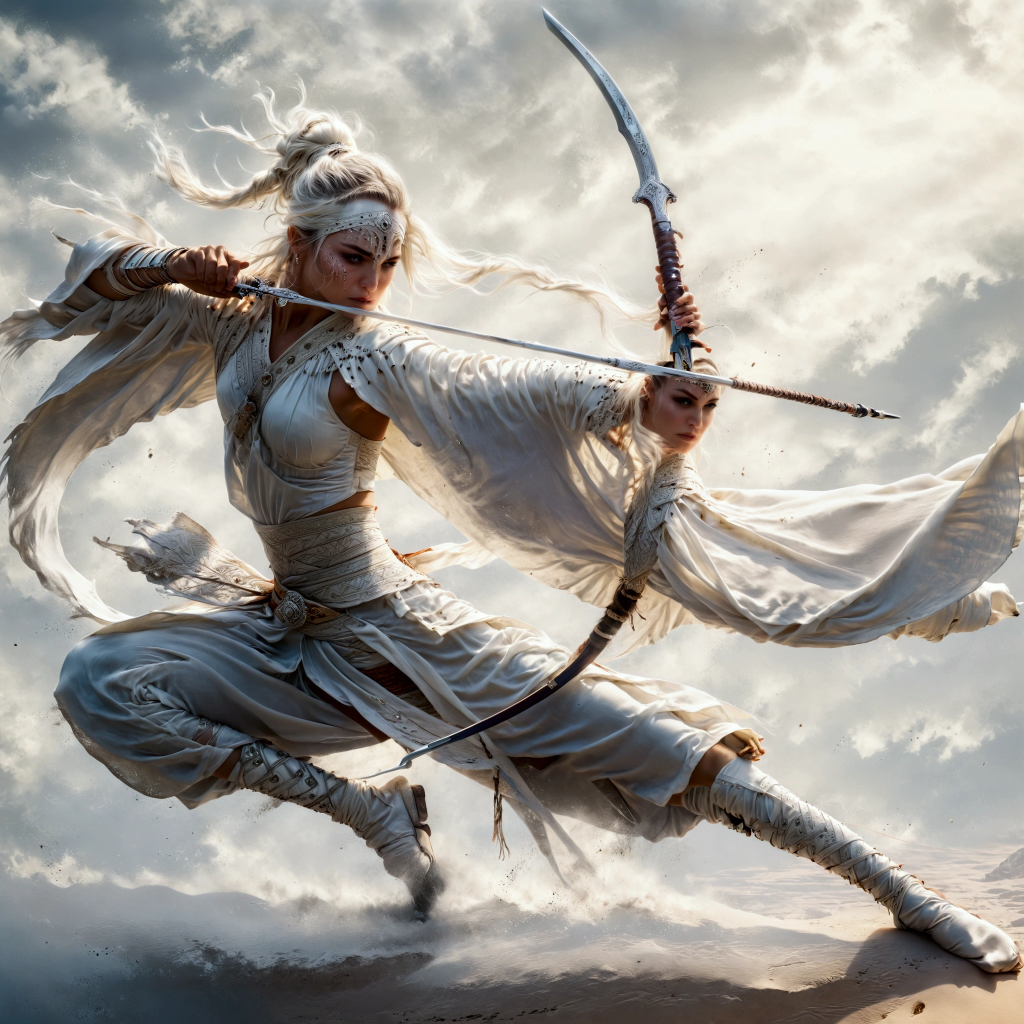 A white waif gaussian silk loincloth bottom and top holding a long thin long rifle, in dynamic splits pose aiming at its prey, 8k,