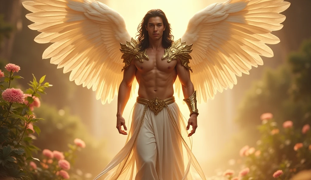 - A gentle, white-winged angel (simple design) - Soft colors, with a subtle glow - Ethereal background, with a subtle texture I want it as a man a close up of a male angel with wings walking in the enchanted garden, angelic golden armor, full - body majestic angel, archangel, beautiful male angel of love and peace, by Yang J, attractive male deity, epic angel, winged human, archangel Chamuel l, of beautiful angel, angelic, male with halo, seraphim, angel spirit guide, amazing fantasy art hyper-realistic, highly detailed, lifelike image of extremely handsomely beautiful male Asian Archangel Chamuel in his mid-30s with a Japanese appearance, long flowing wavy black hair, wearing built-in shimmery gold armor on his shoulders and chest, with chiseled abs, standing at 11'8" with a muscular build and large biceps, exuding strength and fierceness, with an enchanting glow of God's glory, walking through the Garden of Eden, with Japanese features, at a resolution of 2048*1536, 32K UHD, Style Raw