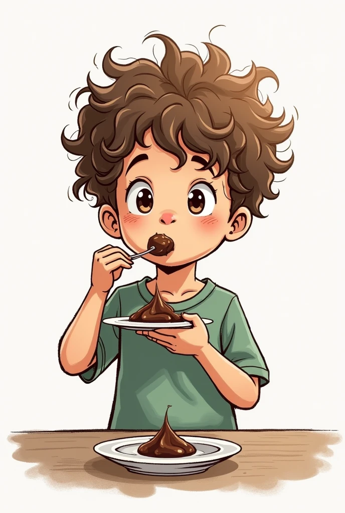 Draw a curly-haired boy eating shit on a plate
