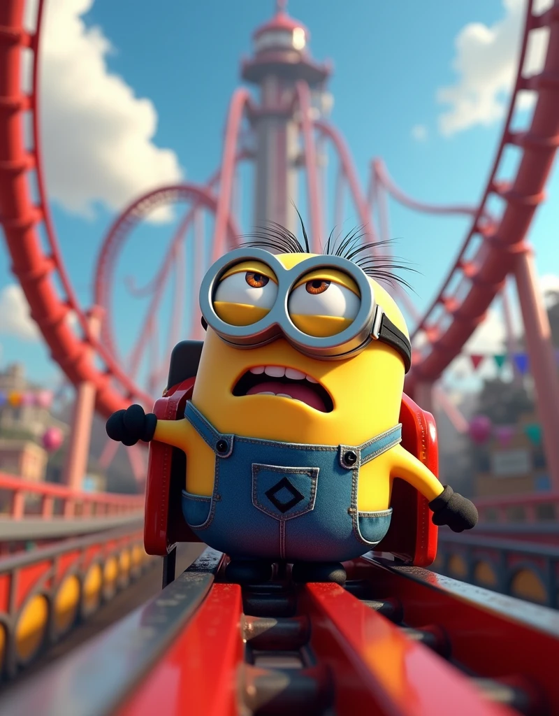Minion Kevin is riding a roller coaster, face of both panic and excitement.