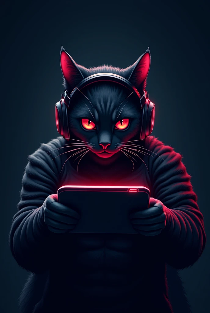 Can you create me a logo of a black heat GAMER cat that looks tough THAT HAS HEADPHONES AND IS PLAYING WITH HIS TABLET and below has the words ("MISHO TK")