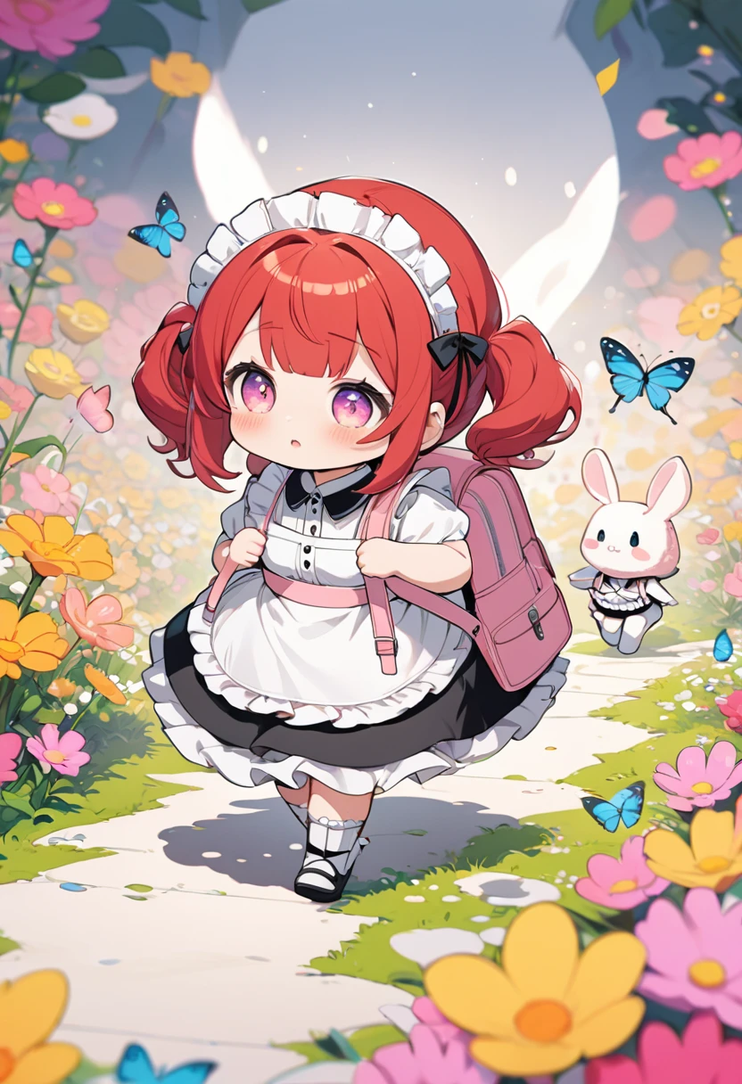 (pastel color illustrations:1.5),super chibi style girl,girl with red hair in twin tails,girl wearing maid headdress and cute maid outfit with frills,girl carrying light pink backpack,plump rabbit with fluffy white fur,rabbit walking alongside girl,rabbit looking at girl anxiously,(the rabbit is walking with the girl:1.3),(the rabbit looks at the girl anxiously:1.2),cute flower field background with butterflies,vivid colors,masterpiece,best quality,4k,8k,ultra detailed,professionally drawn illustrations