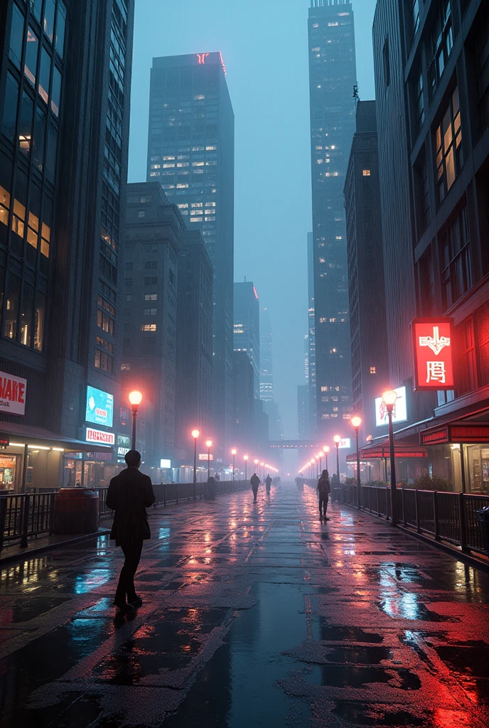 Photographic grade，Movie quality，Game CG wallpaper，Cyber Plaza in New York City during rainy weather，Deserted streets，No text appears