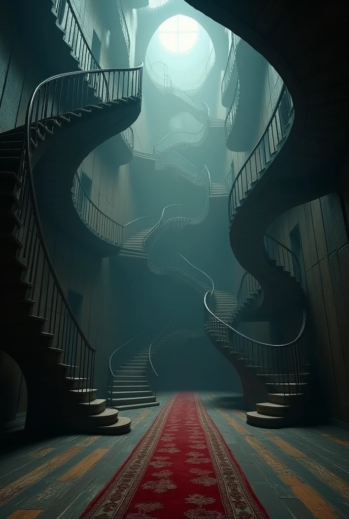 (photorealism:1.2), immense inside space, Escher, twisted and unreal, liminal, dark, haunted, artificial , wooden floors, old red carpet, staircases, darkness, no lighting, mist