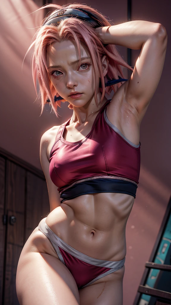 Sakura Haruno people from Naruto, age 14 years , Pink shirt with a small neckline without a bra, hands up, armpits, short red hair, medium breasts, Below she is wearing only black panties, underwear, stage in a room covered in a lot of sweat (Masterpiece high resolution 8K full detailed animation style like anime Naruto).