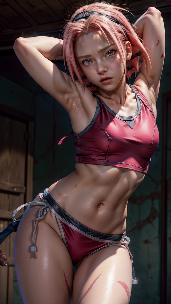 Sakura Haruno people from Naruto, ************ , Pink shirt with a small neckline without a bra, hands up, armpits, short red hair, medium breasts, Below she is wearing only black panties, underwear, stage in a room covered in a lot of sweat (Masterpiece high resolution 8K full detailed animation style like anime Naruto).