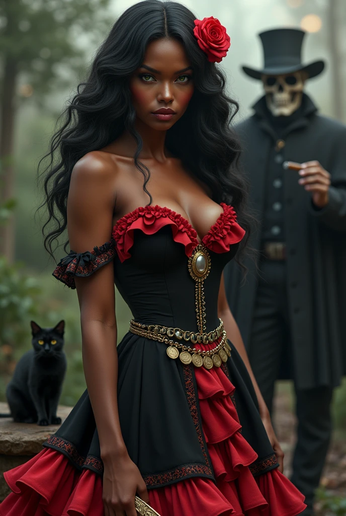 A 3 mulatto woman unique image , serious and sexy face light green eyes , long wavy black hair with a red rose, wearing a long red and black Spanish style ruffled skirt, with a coin belt around his waist and a fan-shaped dagger , sexy body with curves super realistic image, in a backyard with blurred 3d full and a black cat next to it and a man sitting with a skull face , a Cape , black pants and barefoot and a long-brimmed hat and a cigar in his hand.