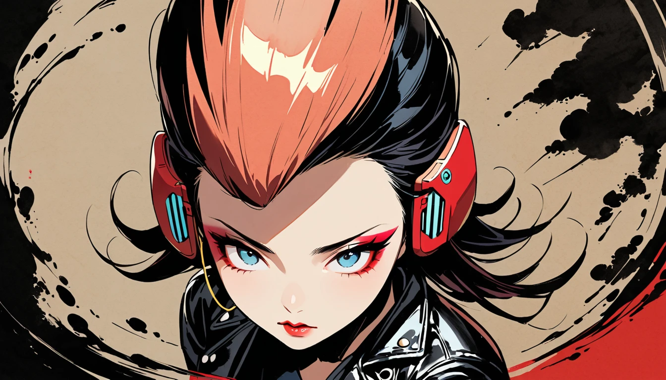(((Ink Painting))), (((from above))), (((1 female))), (((Leather jacket with Japanese patterns))), (((Mohawk))), (((Very flashy makeup))), (((Finger guns))), Japanese style headphones, face close-up, front view, Japan人の美少女, Black Hair, Delicate and precise, Modern ukiyo-e style,Japan, Droopy eyes, round face, Glare, Fuller lips, vivid color