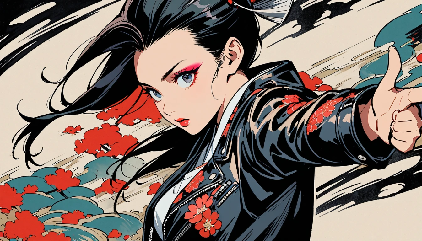 (((Ink Painting))), (((from above))), (((1 female))), (((Leather jacket with Japanese patterns))), (((Mohawk))), (((Very flashy makeup))), (((Finger guns))), Japanese style headphones, face close-up, front view, Japan人の美少女, Black Hair, Delicate and precise, Modern ukiyo-e style,Japan, Droopy eyes, round face, Glare, Fuller lips, vivid color