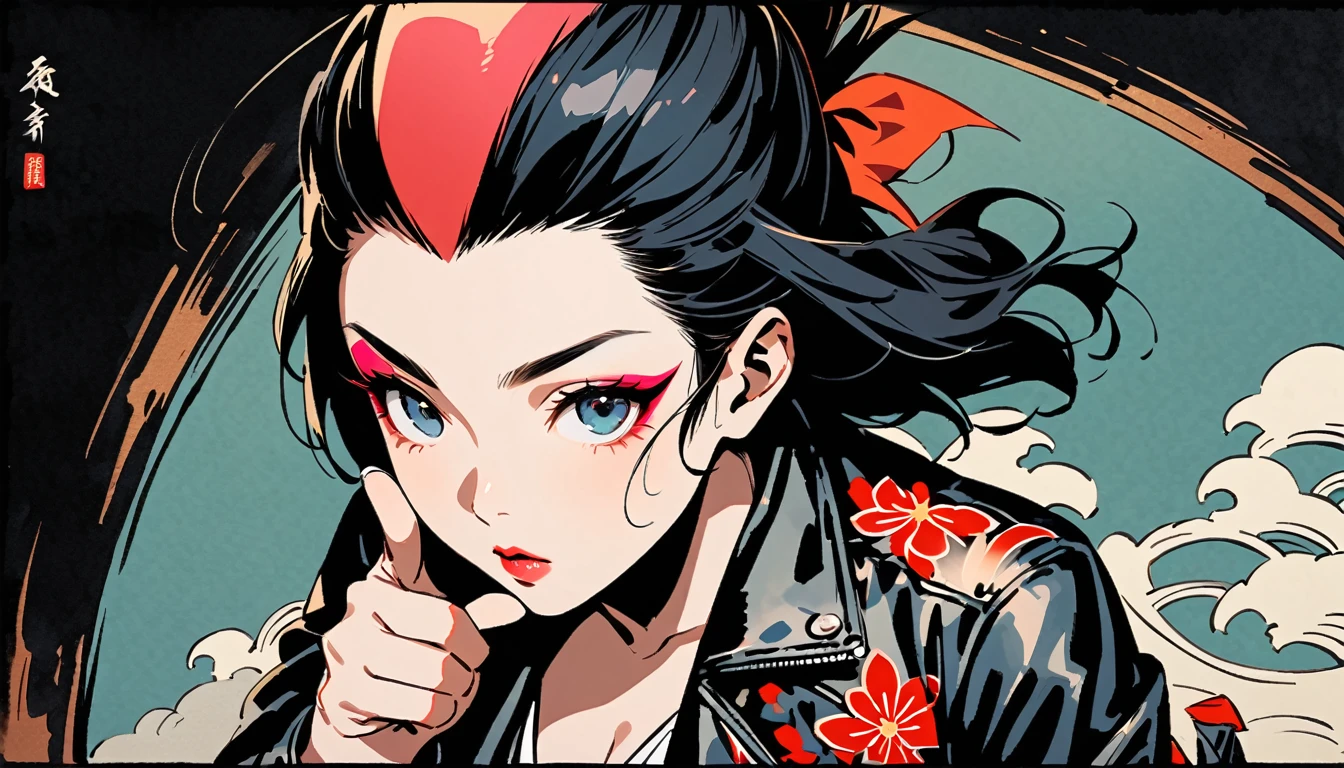 (((Ink Painting))), (((from above))), (((1 female))), (((Leather jacket with Japanese patterns))), (((Mohawk))), (((Very flashy makeup))), (((Finger guns))), Japanese style headphones, face close-up, front view, Japan人の美少女, Black Hair, Delicate and precise, Modern ukiyo-e style,Japan, Droopy eyes, round face, Glare, Fuller lips, vivid color