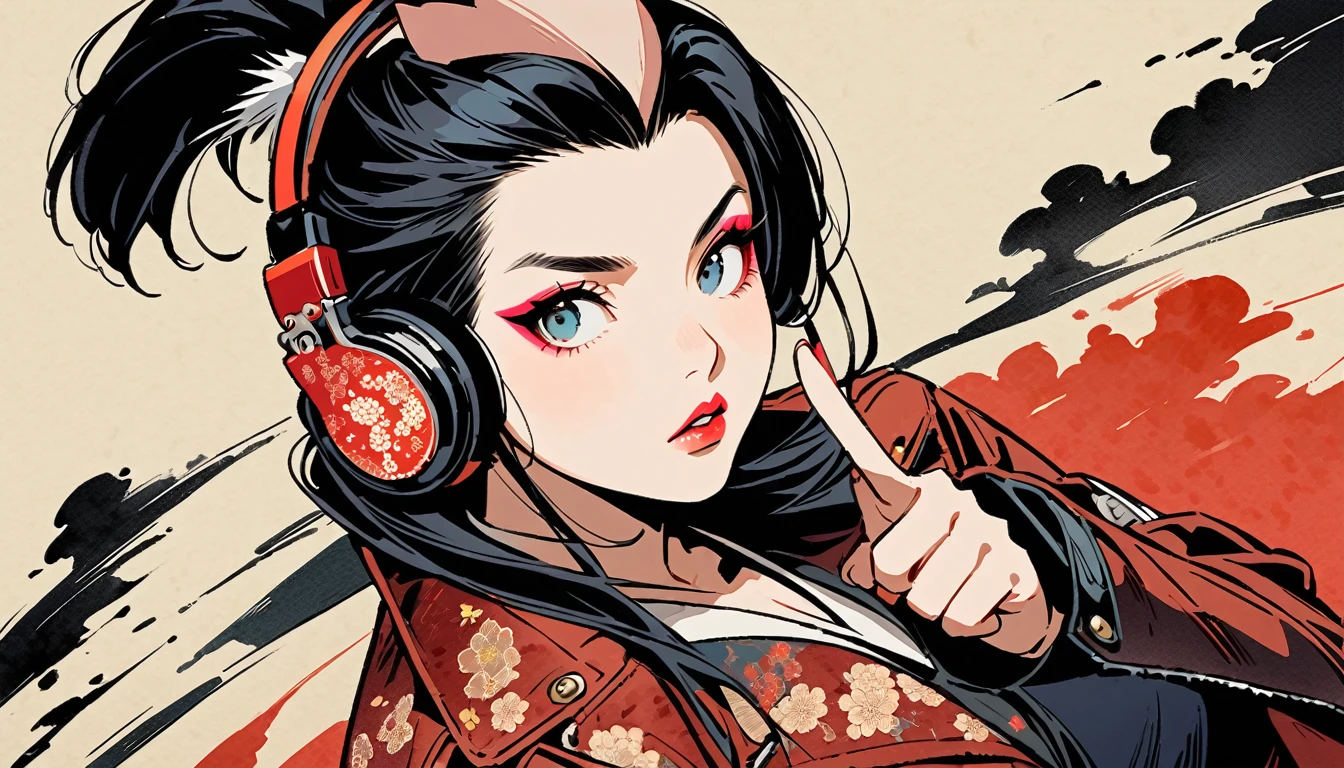 (((Ink Painting))), (((from above))), (((1 female))), (((Leather jacket with Japanese patterns))), (((Mohawk))), (((Very flashy makeup))), (((Finger guns))), Japanese style headphones, face close-up, front view, Japan人の美少女, Black Hair, Delicate and precise, Modern ukiyo-e style,Japan, Droopy eyes, round face, Glare, Fuller lips, vivid color