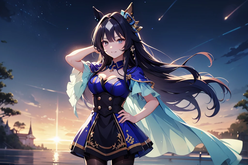masterpiece、Highest Resolution、Highest quality、Highest quality、high quality anime、sharp、sharp効果、sharp塗り、sharp化、solo。Adult woman with horse ears。Blue Dress、Blue shoulderless dress。brown shorts、Brown pantyhose。Large light blue cloak。Moonlit night starry sky background、breeze、Chest is center right。Dark lipstick、Grin、Beautiful breasts。Brush your hair up with your hands、Touch your head with your hand、Hands on hips。Brown Eyes。Brown Hair、Long Hair、Half Twin、Half Up。hair ornaments。