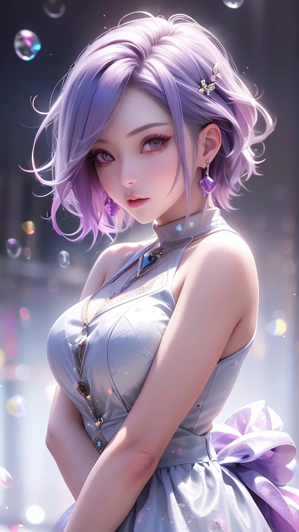 alone, One person, Purple eyes, Purple Hair, bubble, View your viewers, Portraiture, Half-closed eyes, short hair, Mouth closed,shiny bubbles,bubbles, colour shining in bubble, reflective bubbles,bubbles ,bubbles all around, turning into bubble