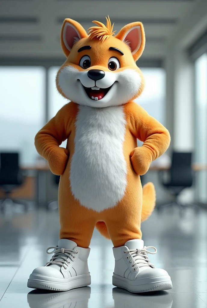 Mascot for a company, that he has white shoes and the shoes are protected against water
