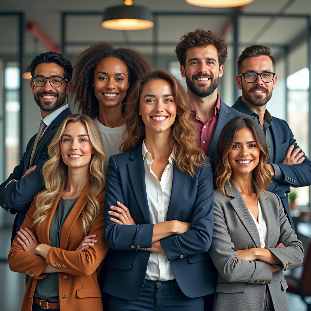 collage of successful entrepreneurs, diverse group, confident poses, office background 8K