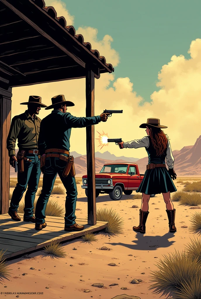 Hyperrealistic color comic 1950s three outlaw cowboys on the porch of a saloon shooting with pistols at the sheriff in the desert in the background a parked Ford truck the sheriff shoots at the three cowboys in the back of the saloon a cowgirl woman in a skirt with two pistols shoots at the three cowboys